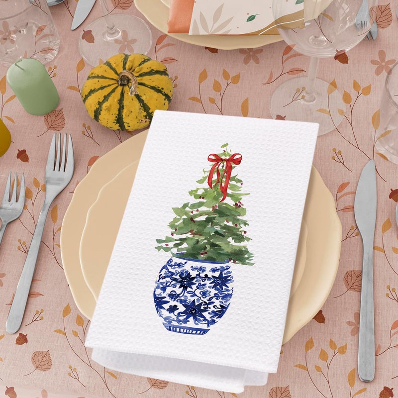 SPBL&L Christmas Kitchen & Bath Towels, Blue & White Chinoiserie Christmas Tree Hand Towels, 16x24 Inch - Image 4